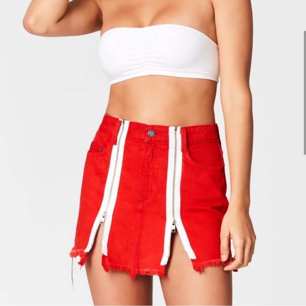 New! Carmar denim Colin mini denim skirt, red and white, zipper details, size 26